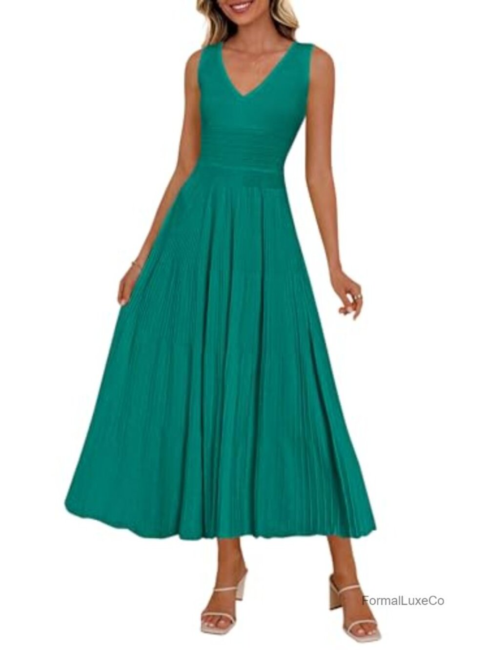 Women's V Neck Pleated Midi Dress Sleeveless High Waisted A-Line